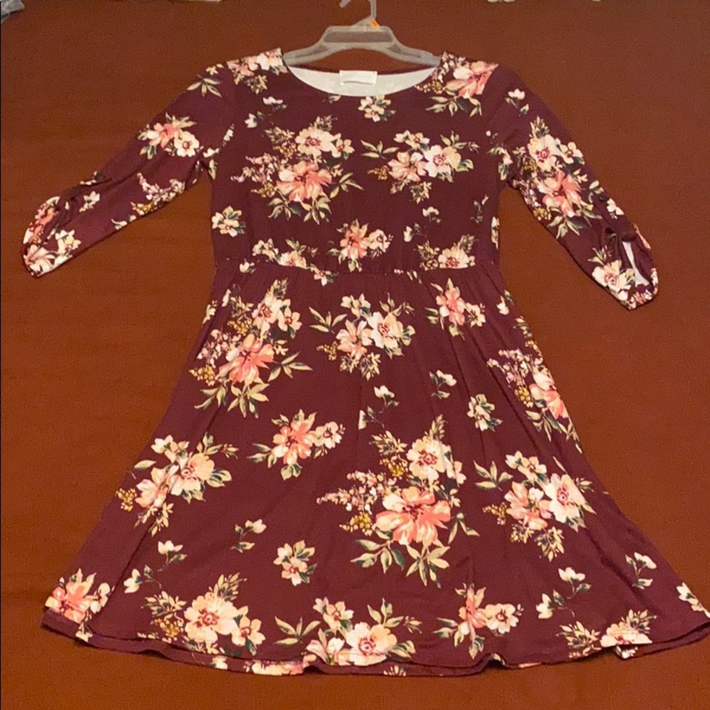 French Grey knee length maroon and floral dress